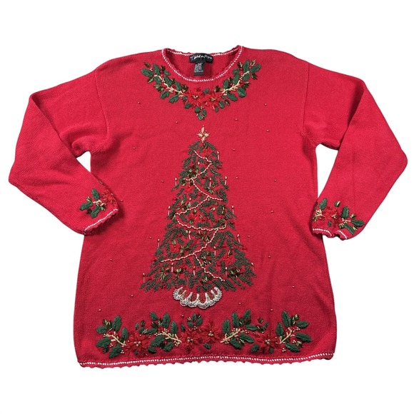Work In Progress Sweaters - Work In Progress Christmas Sweater Womens XL Christmas Tree Beaded Embroidered